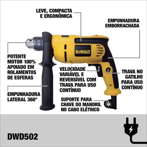 Furadeira De Impacto 13mm 750w Dewalt Dwd502 Com Velocidade Variável E Reversível Amarelo/preto 220v 50hz/60hz 5