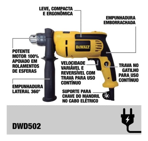 Furadeira De Impacto 13mm 750w Dewalt Dwd502 Com Velocidade Variável E Reversível Amarelo/preto 220v 50hz/60hz 8