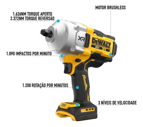 Chave De Impacto 1/2 Dewalt Modelo Dcf961b Sem Bateria E Sem Carregador Amarelo Com Preto 20v 6