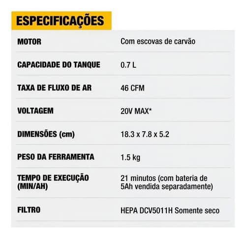 Aspirador De Pó Portátil Industrial Dewalt Modelo Dcv501hb Acompanha 6 Acessórios 20v Amarelo 9